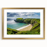 Abstract art print of an Irish landscape in muted greens and blues on a gold-framed canvas, suitable for dining room decor.