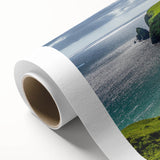Art deco poster of a scenic Irish landscape in green and blue tones on rolled canvas, ideal for nursery wall art.