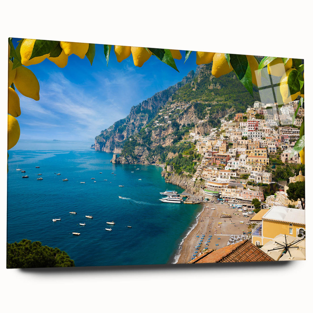 Acrylic print of Amalfi Coast with vivid blue and terracotta tones.