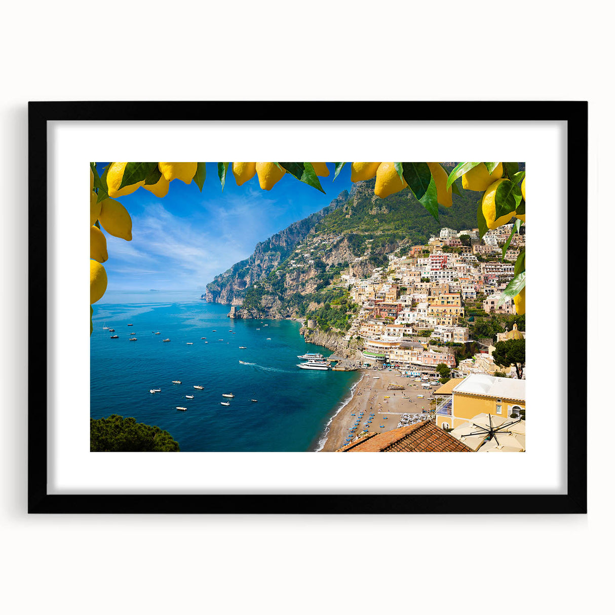 Extra large framed print of the Amalfi Coast in vibrant, colorful hues, textured abstract style, ideal for living room decor.
