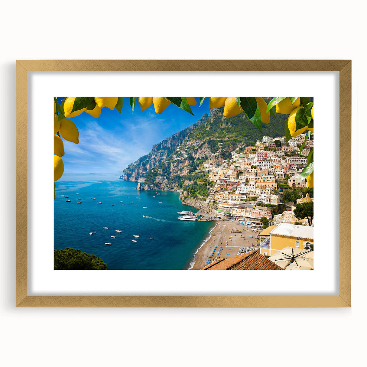 Abstract art print of the Amalfi Coast in gold frame, featuring vibrant blue and terracotta tones.