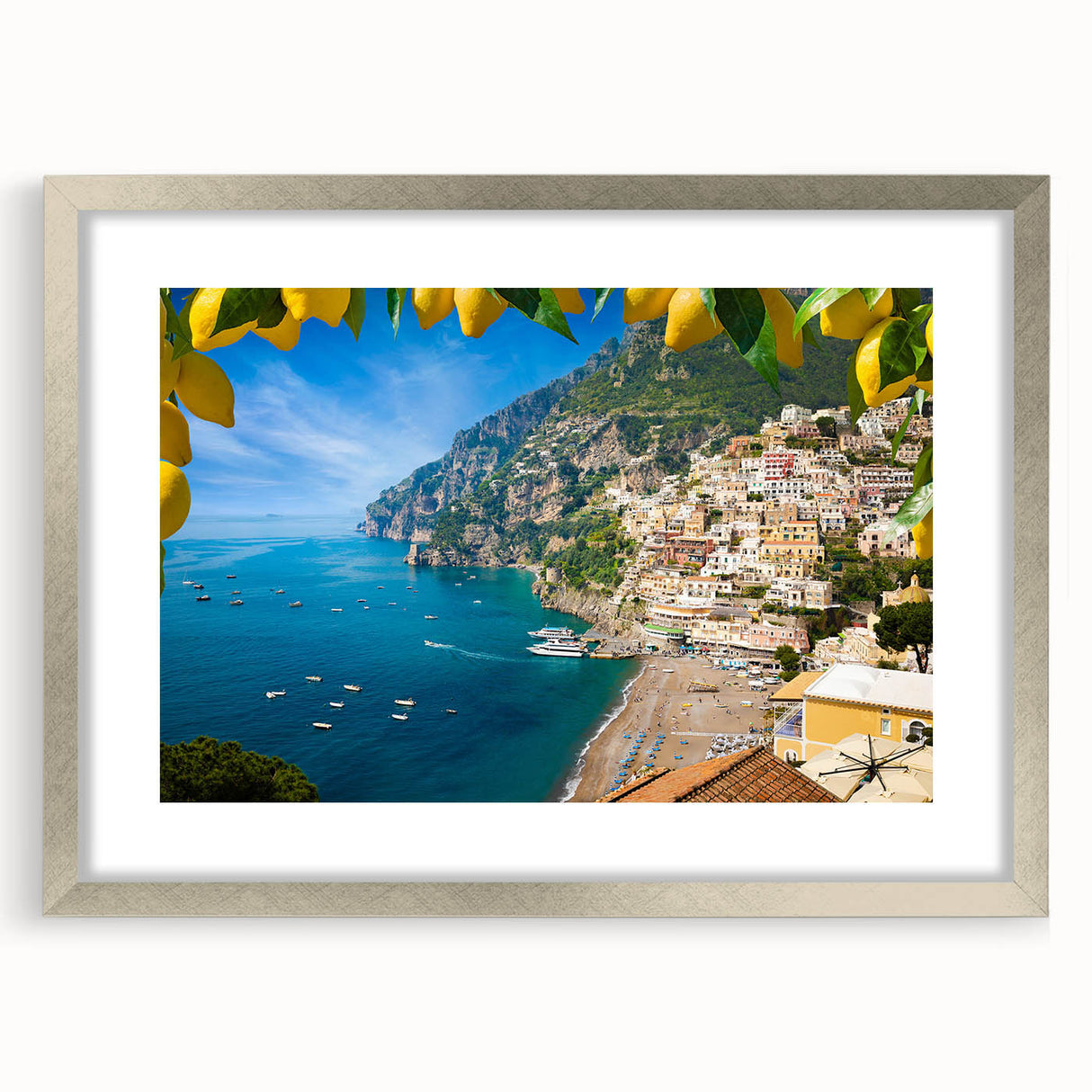 Extra large abstract art print of Amalfi Coast in textured style with silver frame, ideal for living room decor.