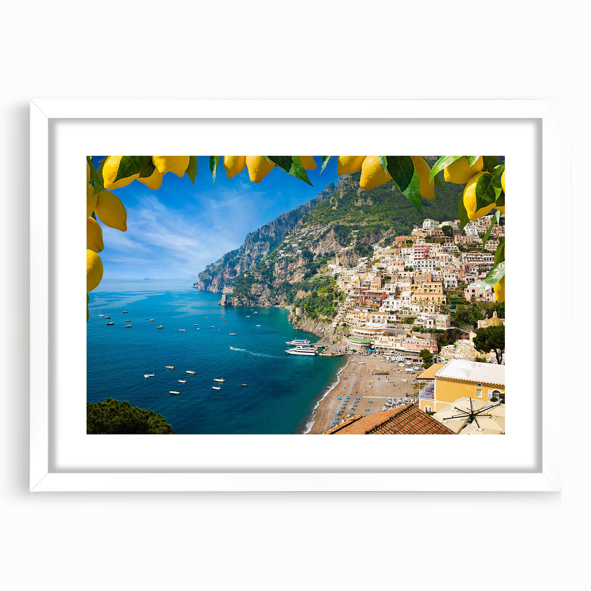 Textured art print of the Amalfi Coast in abstract style, with muted blue and white tones on a framed white mat.
