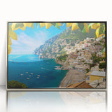 Framed acrylic print of Amalfi Coast with vibrant blue and terracotta hues, ideal for modern art wall decor.