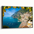 Black and white framed canvas of the Amalfi Coast landscape, ideal for bedroom wall decor.