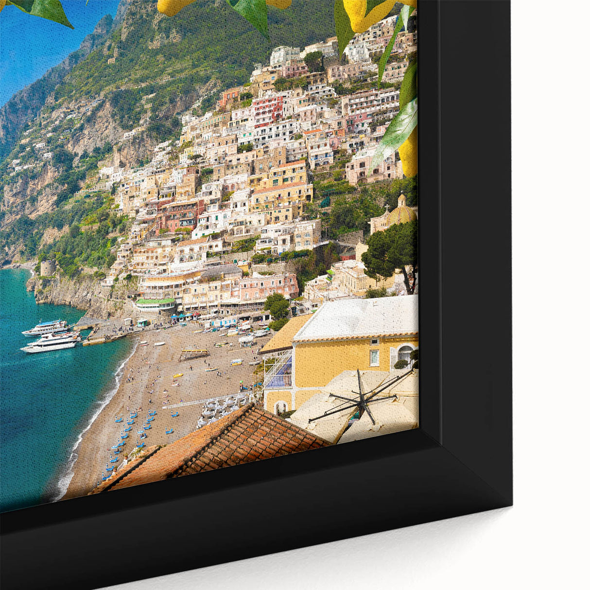 Textured black wall art depicting the Amalfi Coast in vibrant colors on a framed canvas.