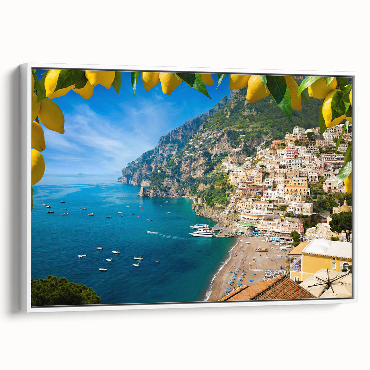 Vintage poster art of Amalfi Coast with colorful palette on extra large framed canvas, ideal for living room decor.