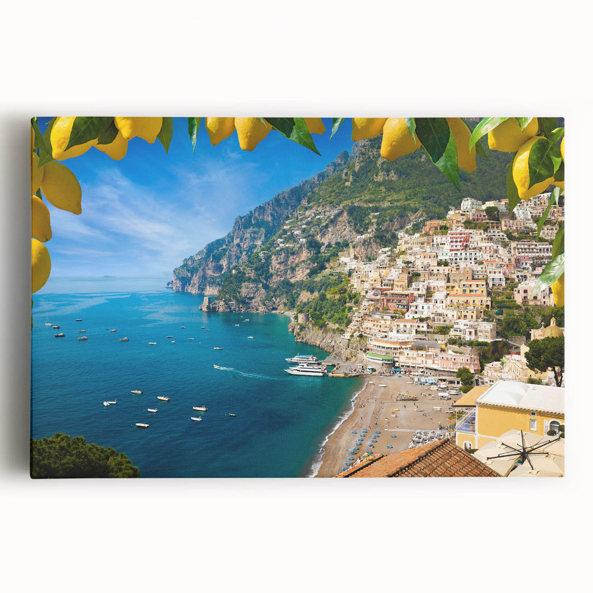 Black and white stretched canvas featuring a panoramic view of the Amalfi Coast.