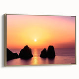 Framed canvas depicting a vintage-style landscape of Capri, Italy in muted gold and black tones, ideal for bedroom wall art.