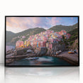 Large abstract wall art depicting Cinque Terre, Italy, in muted earth tones on a framed acrylic.