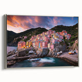 Framed canvas landscape art painting of Cinque Terre, Italy, featuring colorful houses and a serene sea.