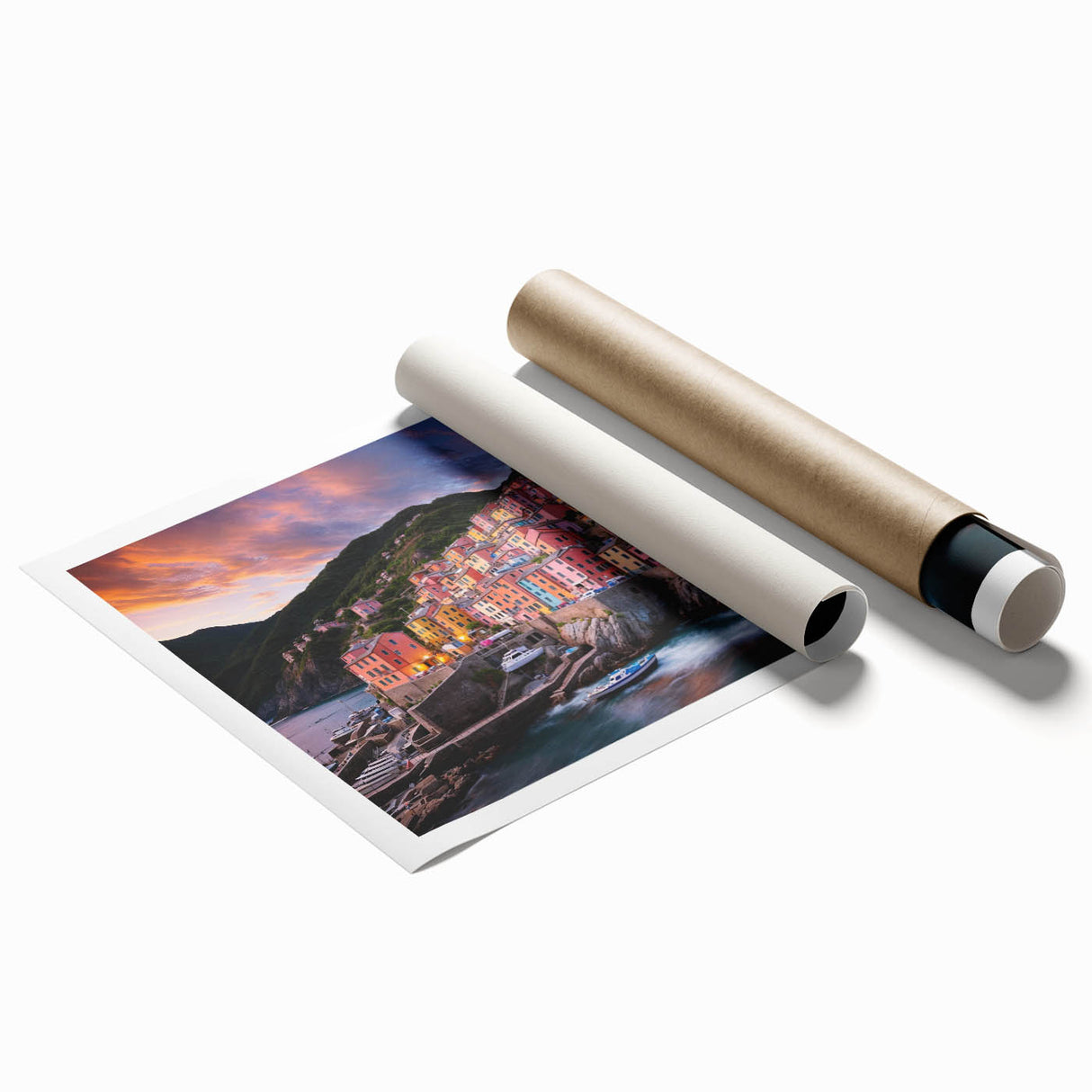 Rolled print of Cinque Terre with vibrant coastal colors, ideal for classy bathroom wall art.