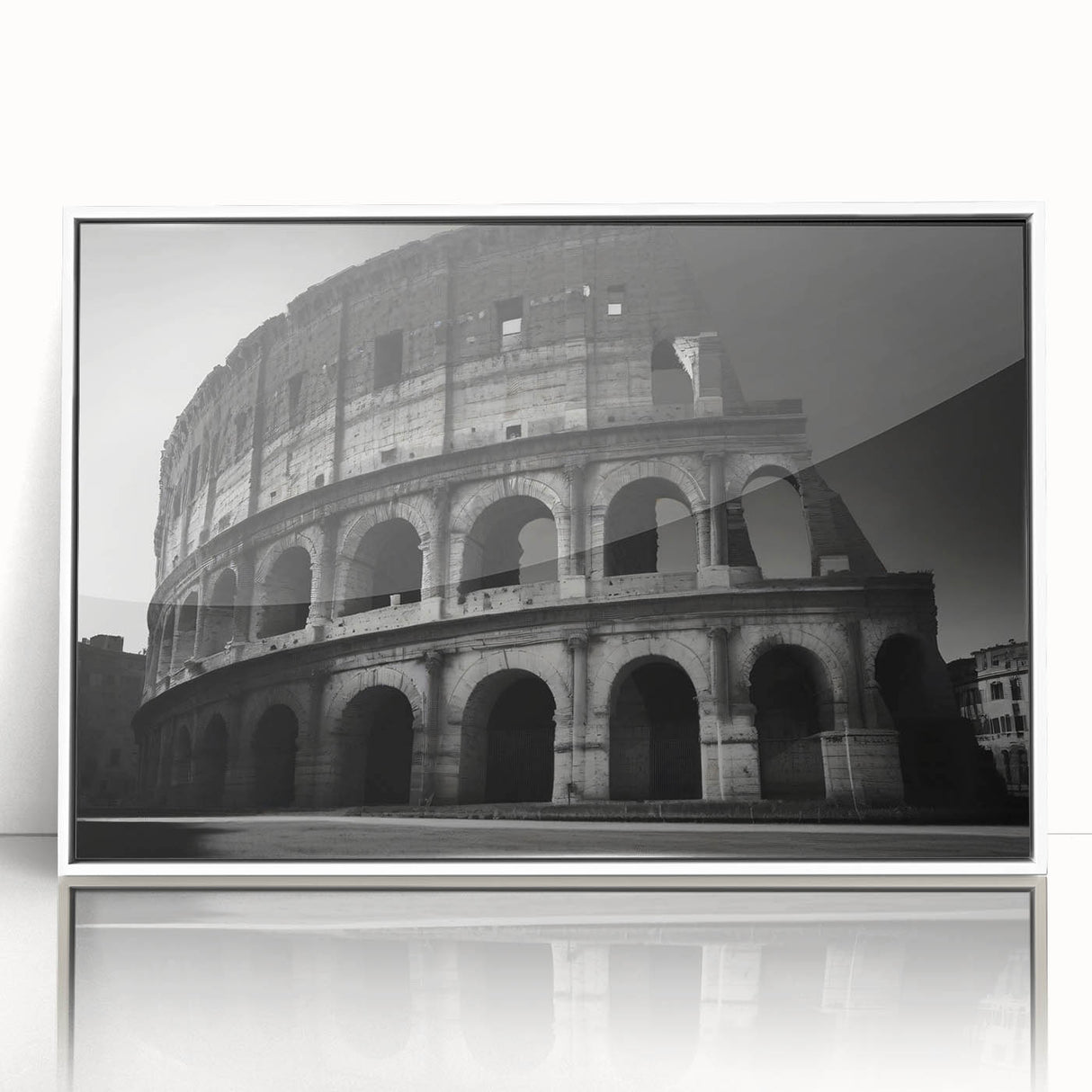 Acrylic print of the Colosseum in muted sepia tones, framed in white, mid-century modernist style.