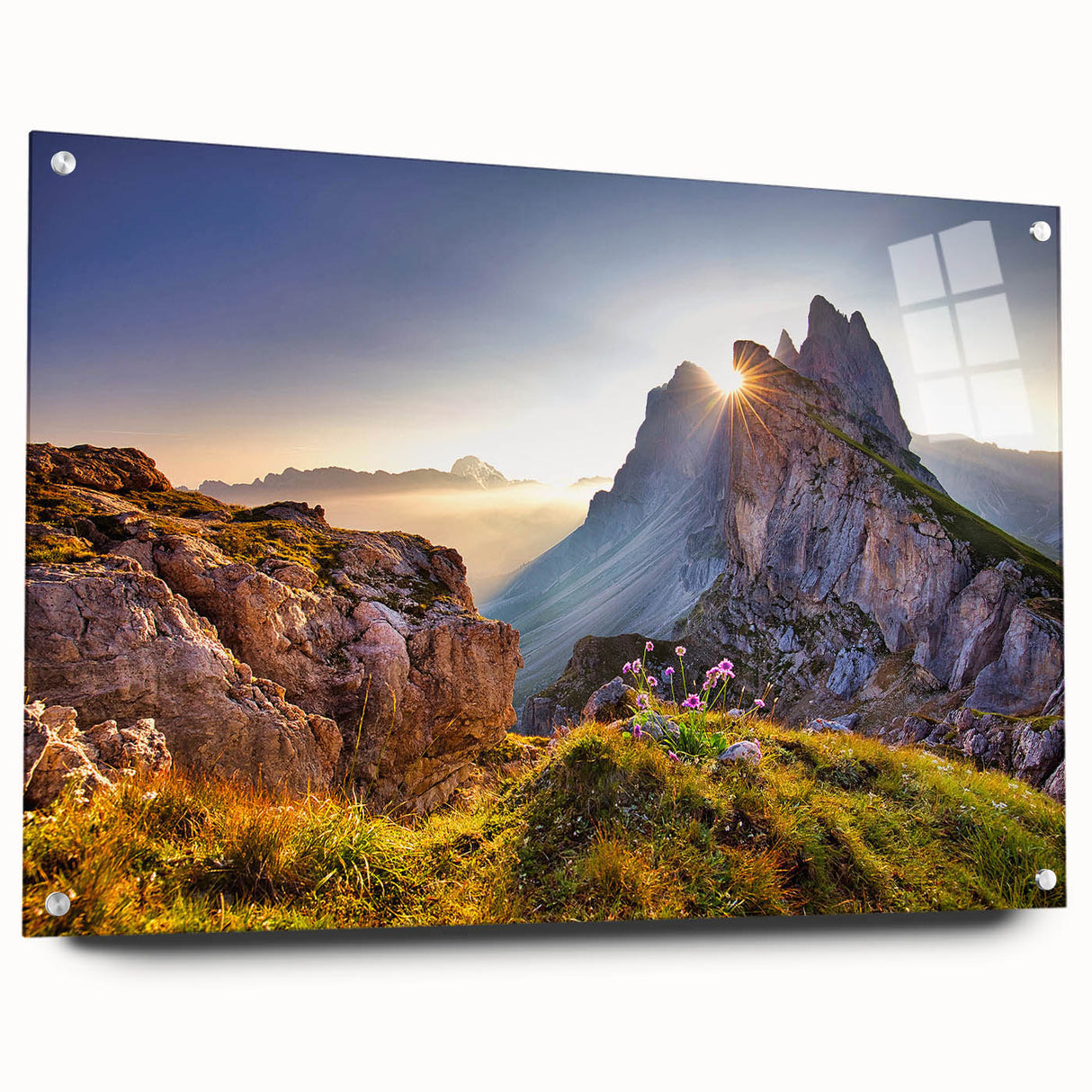 Acrylic print of the Dolomites in muted earth tones, ideal for dining room decor.