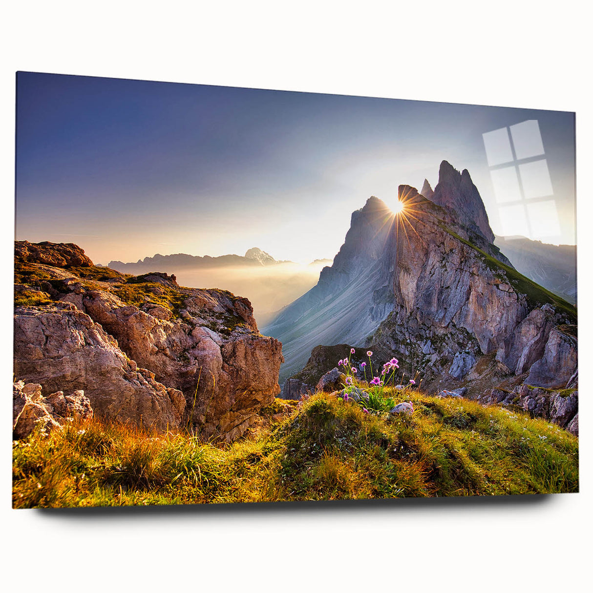 Large abstract wall art depicting the Dolomites in Italy with muted earth tones on acrylic glass.