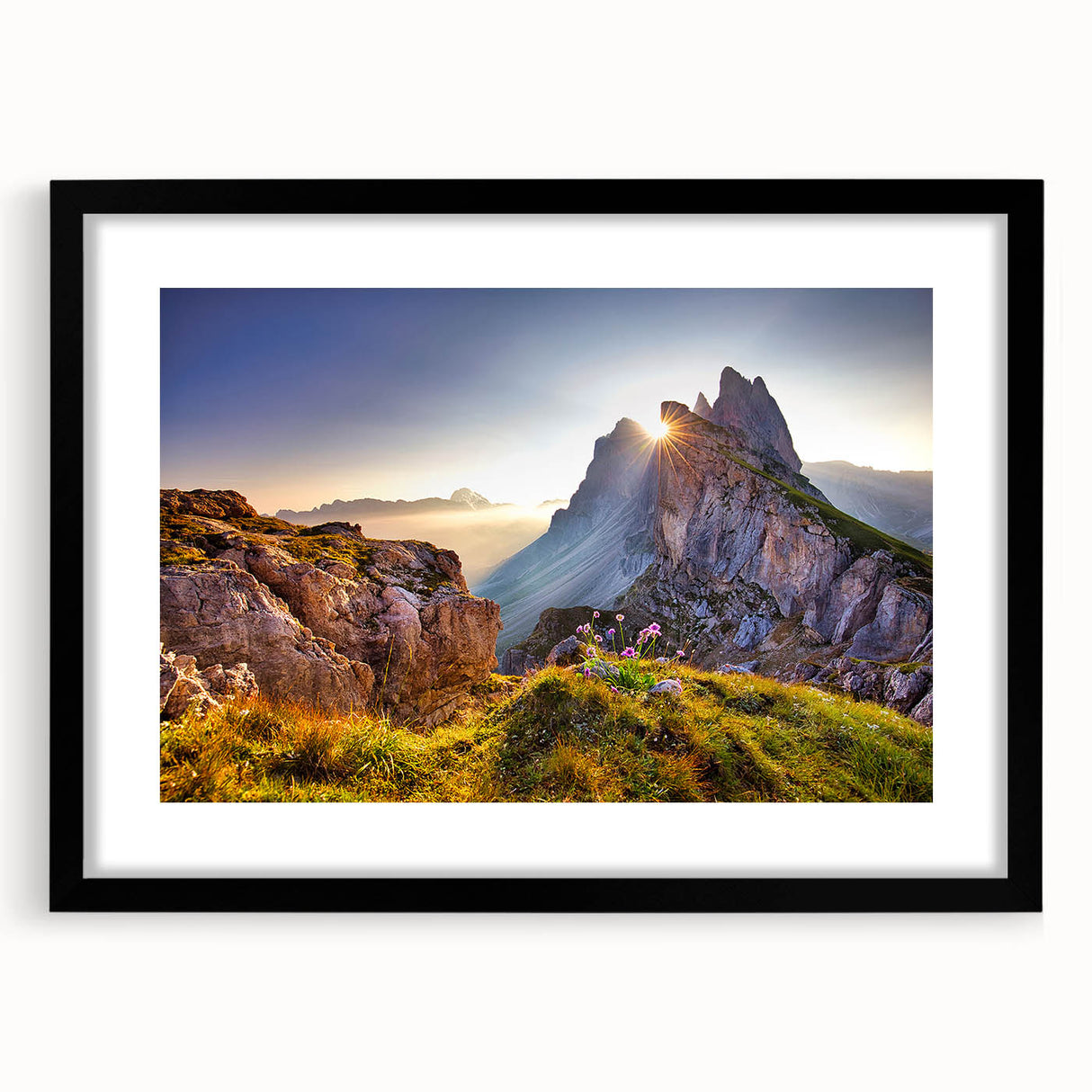 Colorful abstract art print of the Dolomites in vibrant hues on a textured, extra-large canvas, ideal for living room decor.