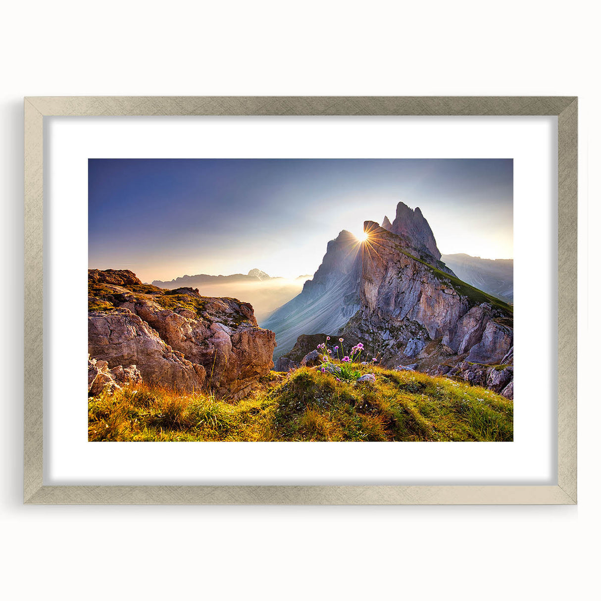 Extra large framed wall art of abstract Dolomites scenery in textured silver, ideal for living room decor.