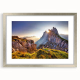 Extra large framed wall art of abstract Dolomites scenery in textured silver, ideal for living room decor.