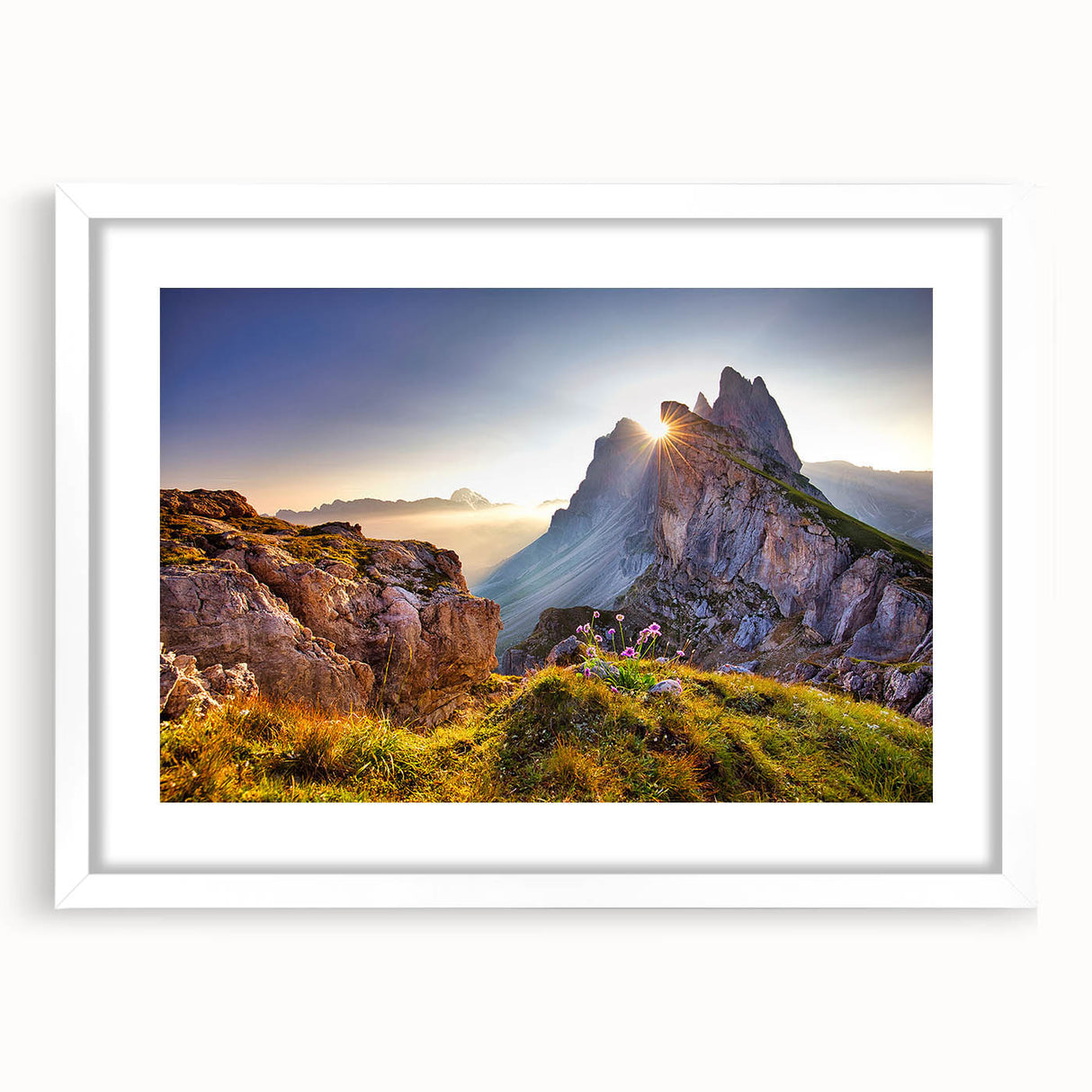 Textured art of the Dolomites in muted earth tones on a framed white mat, ideal for bedroom art.