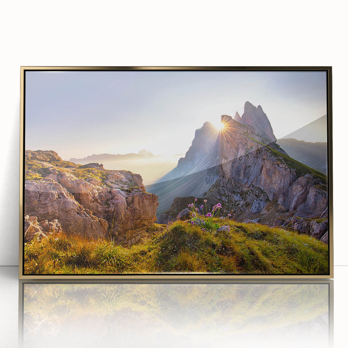 Framed acrylic print of the Dolomites in Italy featuring muted earth tones, ideal for modern art wall decor.