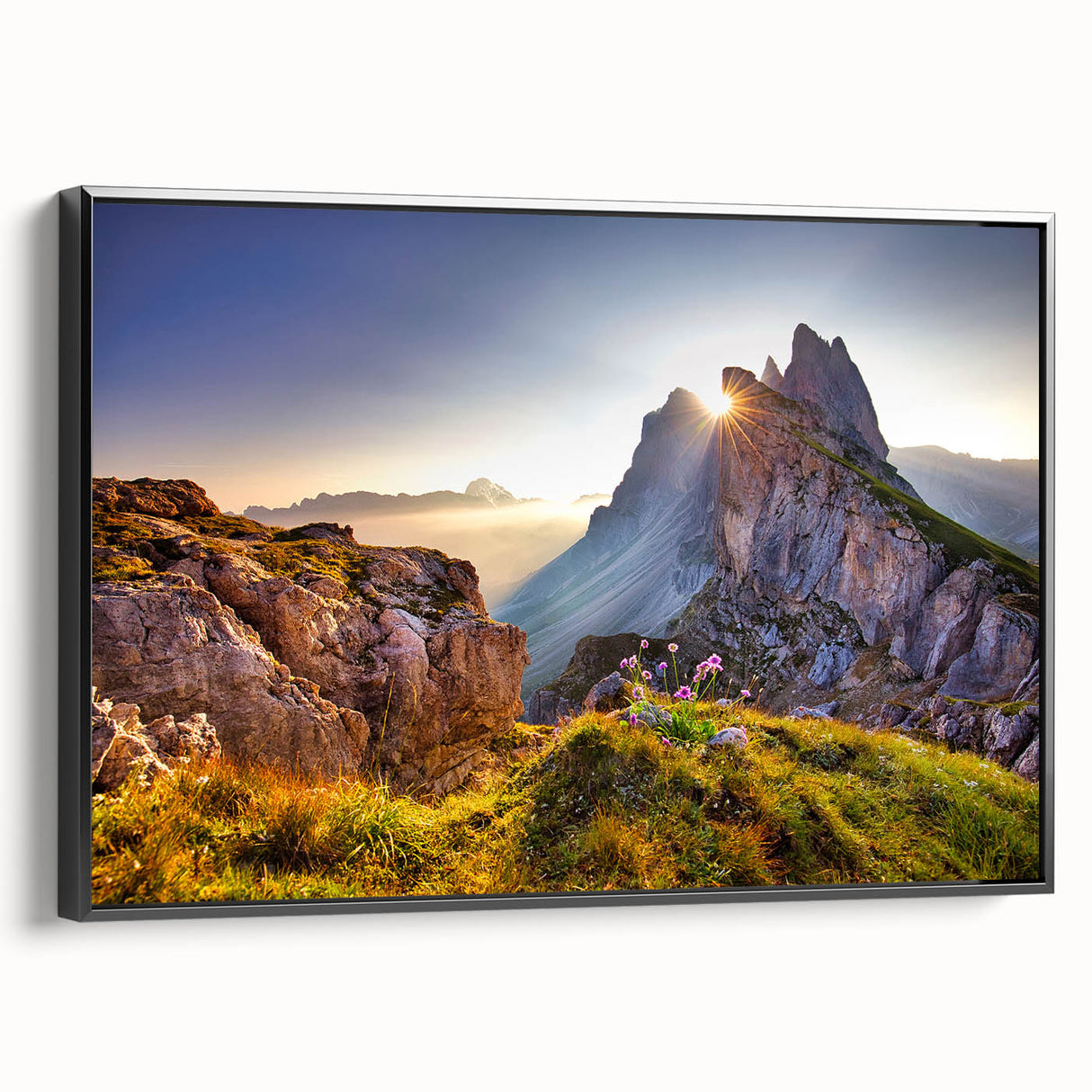 Black and white framed canvas of the Dolomites in a vintage poster style, suitable for bedroom wall decor.