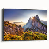 Black and white framed canvas of the Dolomites in a vintage poster style, suitable for bedroom wall decor.