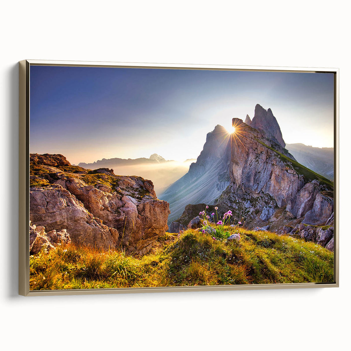 Framed canvas wall art featuring a vintage-style landscape of the Dolomites in Italy, with muted earth tones.