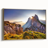 Framed canvas wall art featuring a vintage-style landscape of the Dolomites in Italy, with muted earth tones.