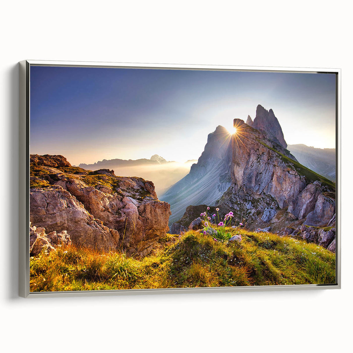 Framed canvas of a vintage-style landscape art painting depicting the Dolomites in Italy.