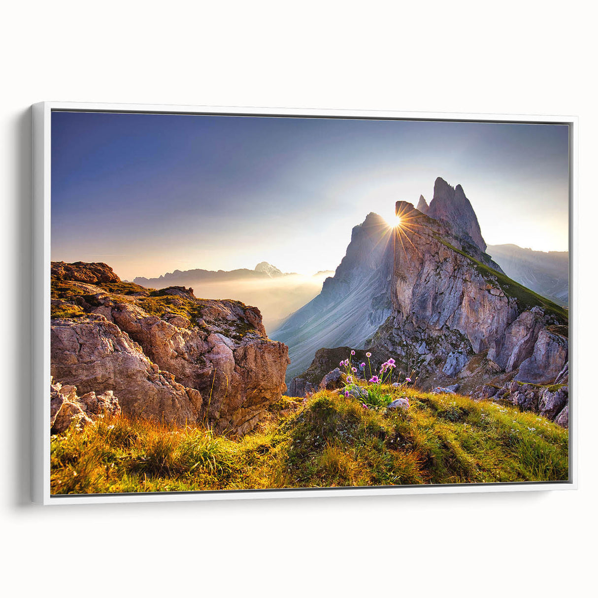 Framed canvas of vintage poster art depicting the Dolomites in Italy, featuring muted earth tones.