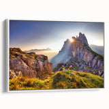 Framed canvas of vintage poster art depicting the Dolomites in Italy, featuring muted earth tones.