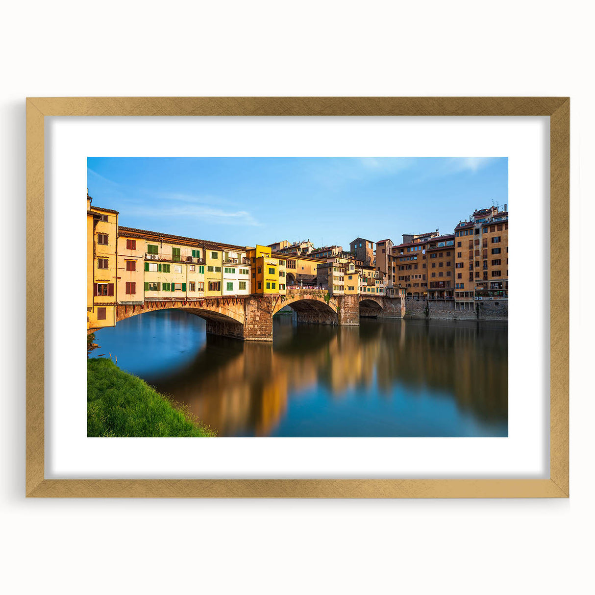 Abstract art print of Florence skyline in muted gold and blue tones on a framed canvas, ideal for dining room decor.