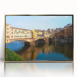 Acrylic print of Florence skyline in muted gold tones, framed in gold, suitable for modern art wall decor.