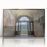 Mid-century modernist art of Lake Como with muted blues and greens on a silver-framed acrylic print.