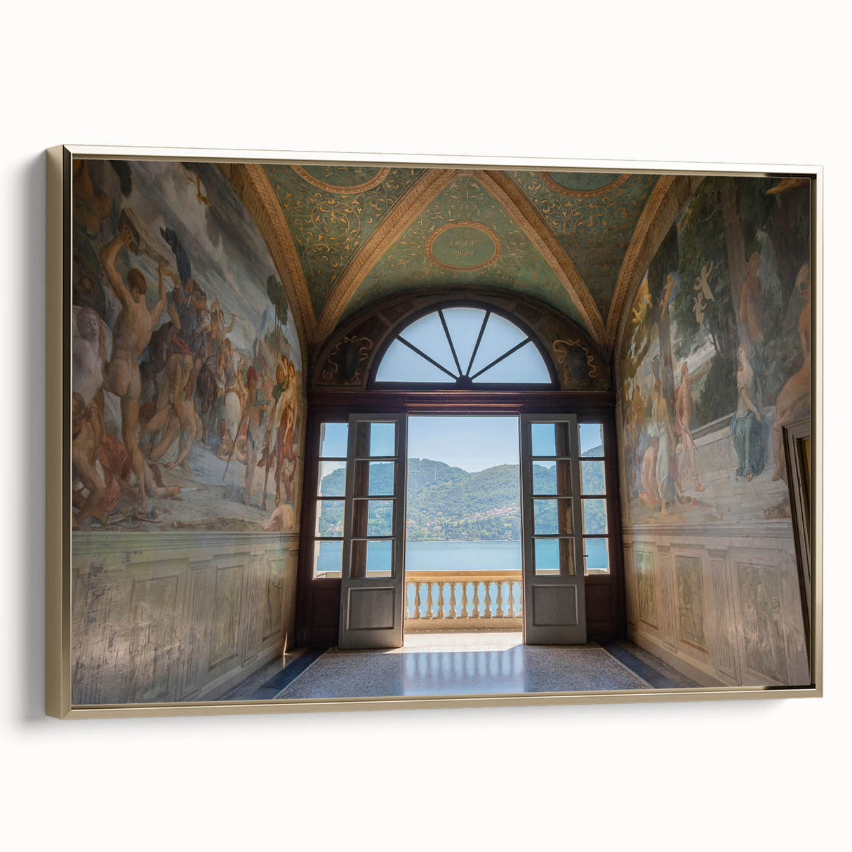 Framed canvas wall art depicting a serene Lake Como landscape in muted greens and blues, ideal for bedroom ambiance.
