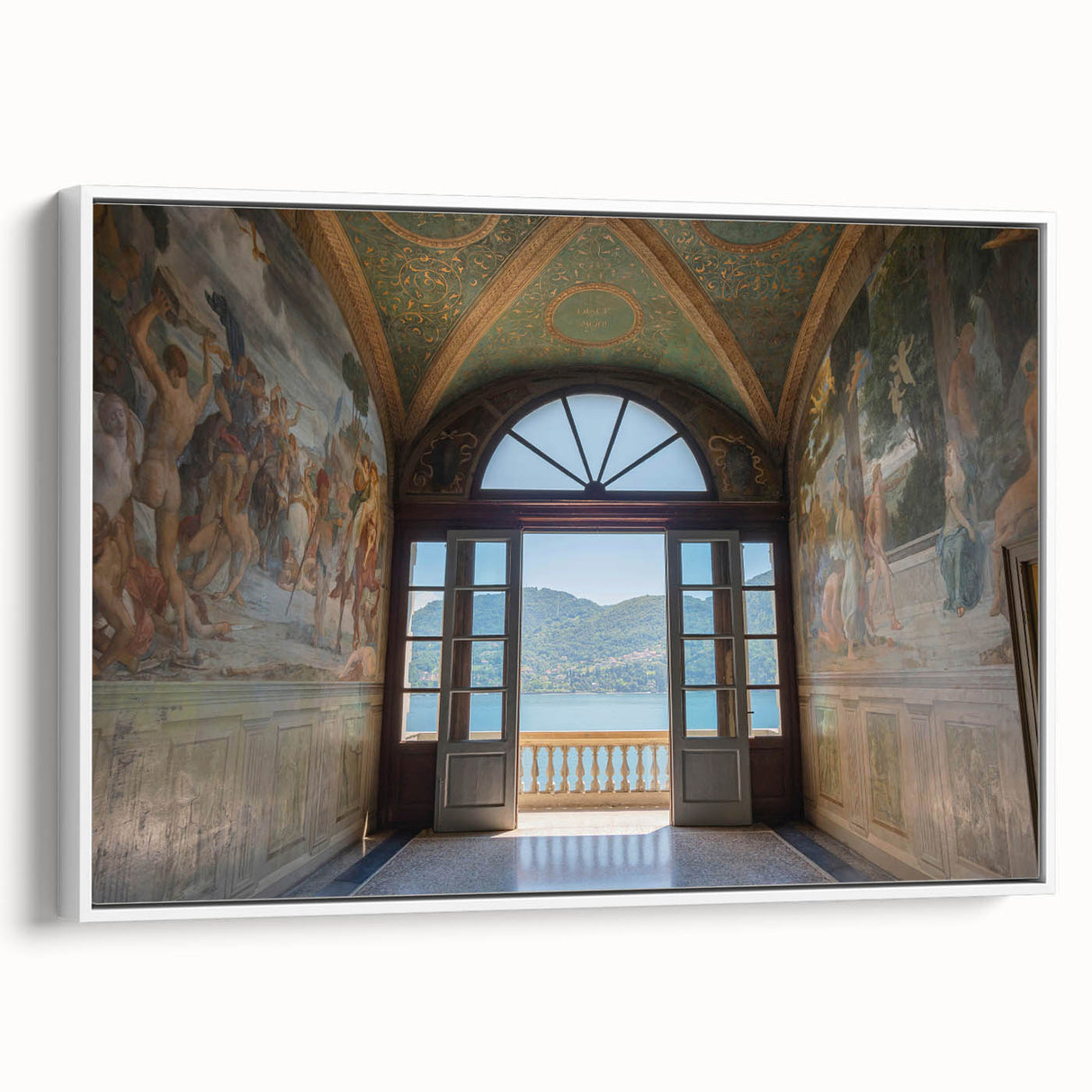 Vintage poster art of Lake Como, featuring colorful imagery on a white framed canvas, ideal for living room decor.