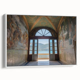 Vintage poster art of Lake Como, featuring colorful imagery on a white framed canvas, ideal for living room decor.