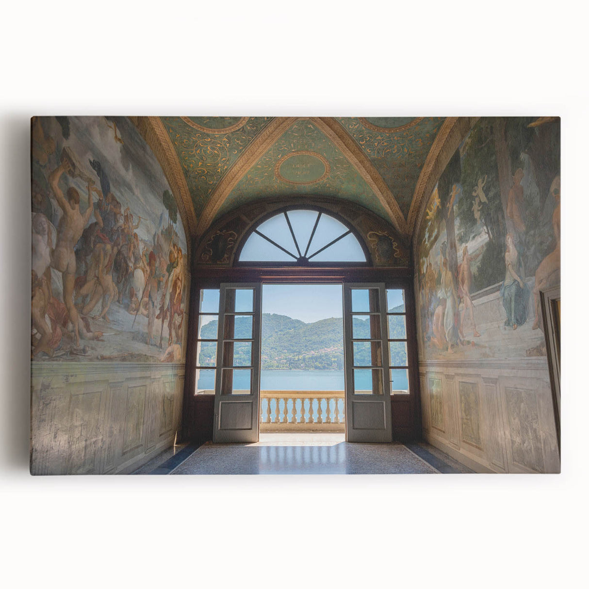 Black and white photograph of Lake Como on stretched canvas, ideal for kitchen wall art or bedroom ambiance.