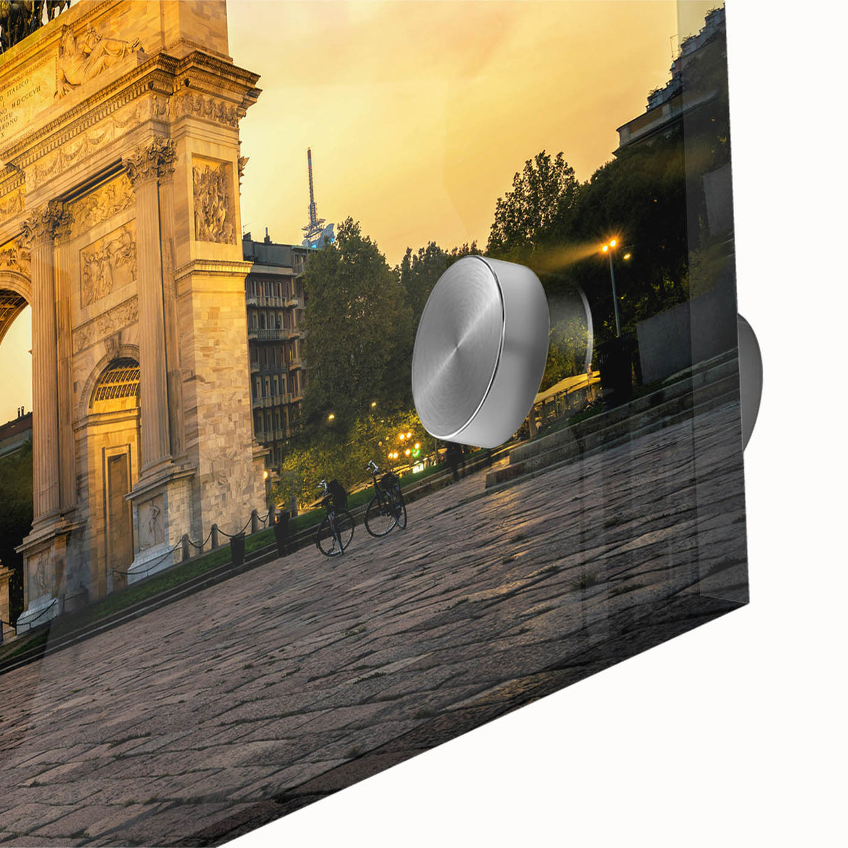 Large abstract depiction of Milan on acrylic glass in mid-century modernist style, suitable as dining room art.