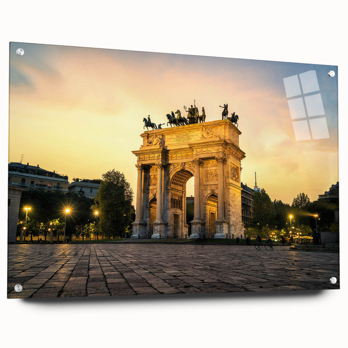 Acrylic print of a large abstract depiction of Milan with vibrant hues of blue and orange.