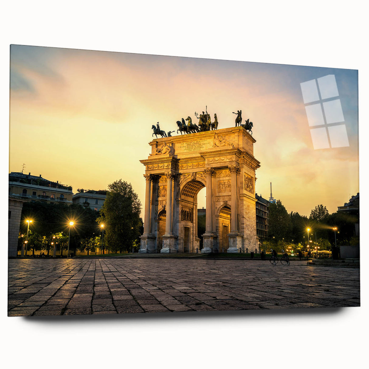 Acrylic print of a large abstract depiction of Milan with vibrant blue and orange hues, ideal for bedroom or dining room art.