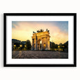 Extra large abstract art print of a colorful Milan scenery, textured and framed in black, perfect for living room decor.