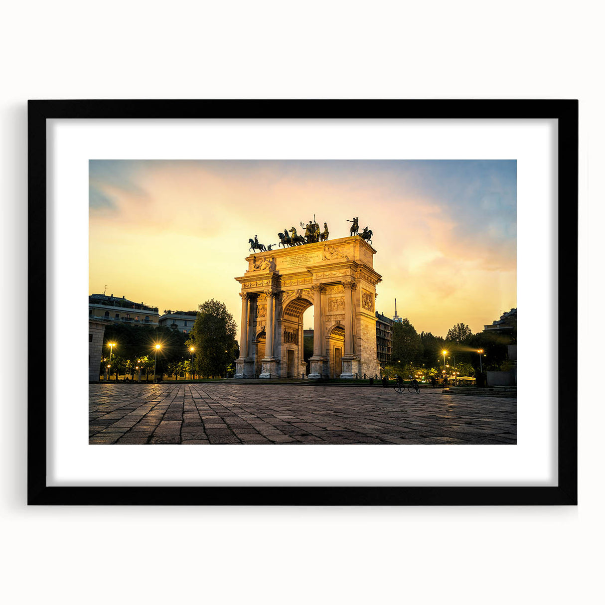 Extra large abstract art print of a colorful Milan scenery, textured and framed in black, perfect for living room decor.