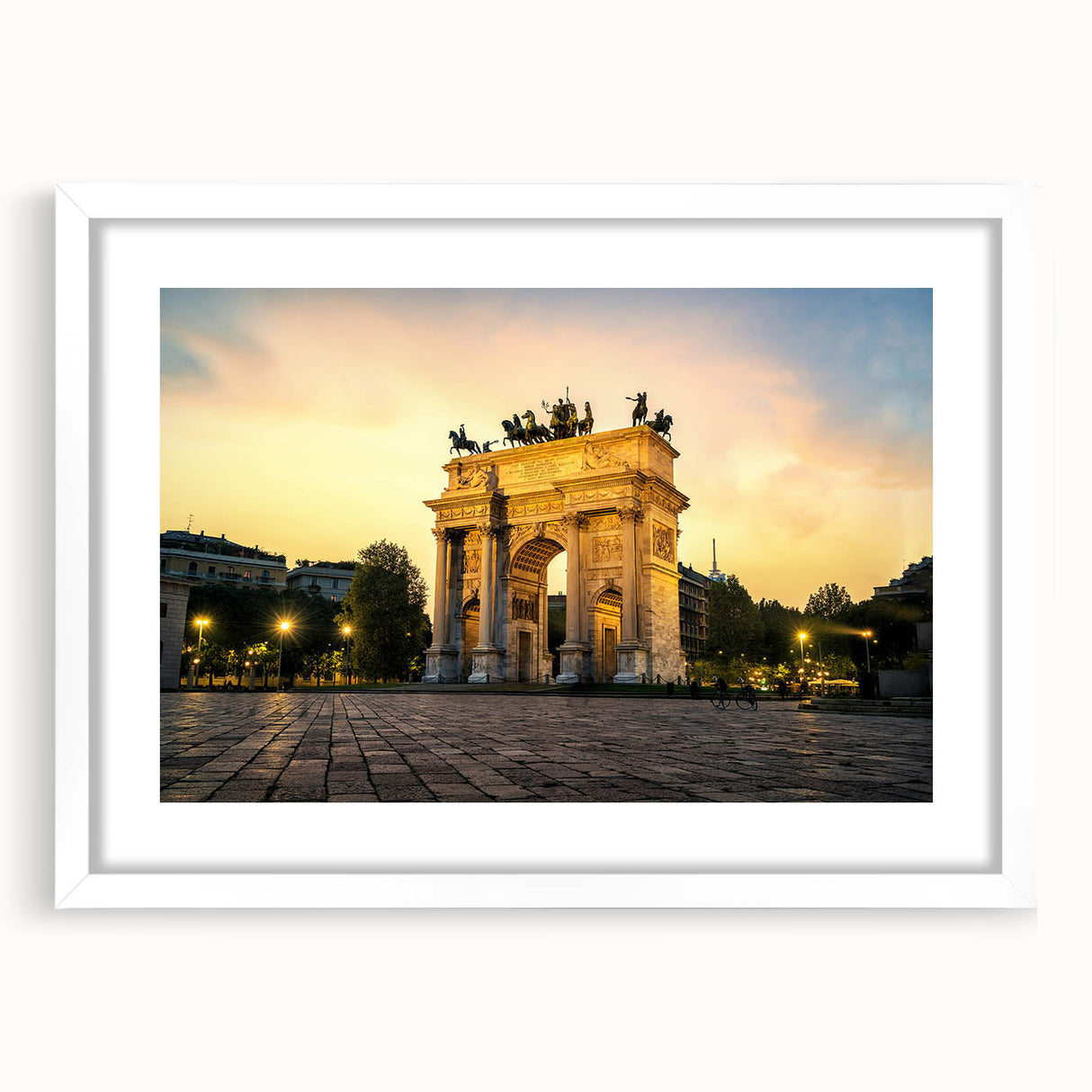 Textured abstract art print of Milan scenery in muted earth tones on a white matted frame, suitable for bedroom art.