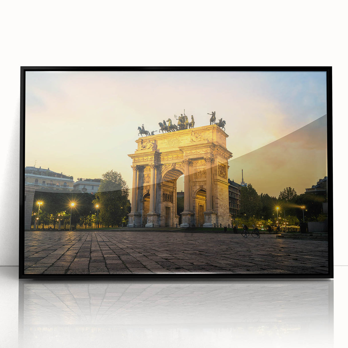Large abstract wall art depicting a Milan cityscape in muted gray tones, framed in black acrylic.