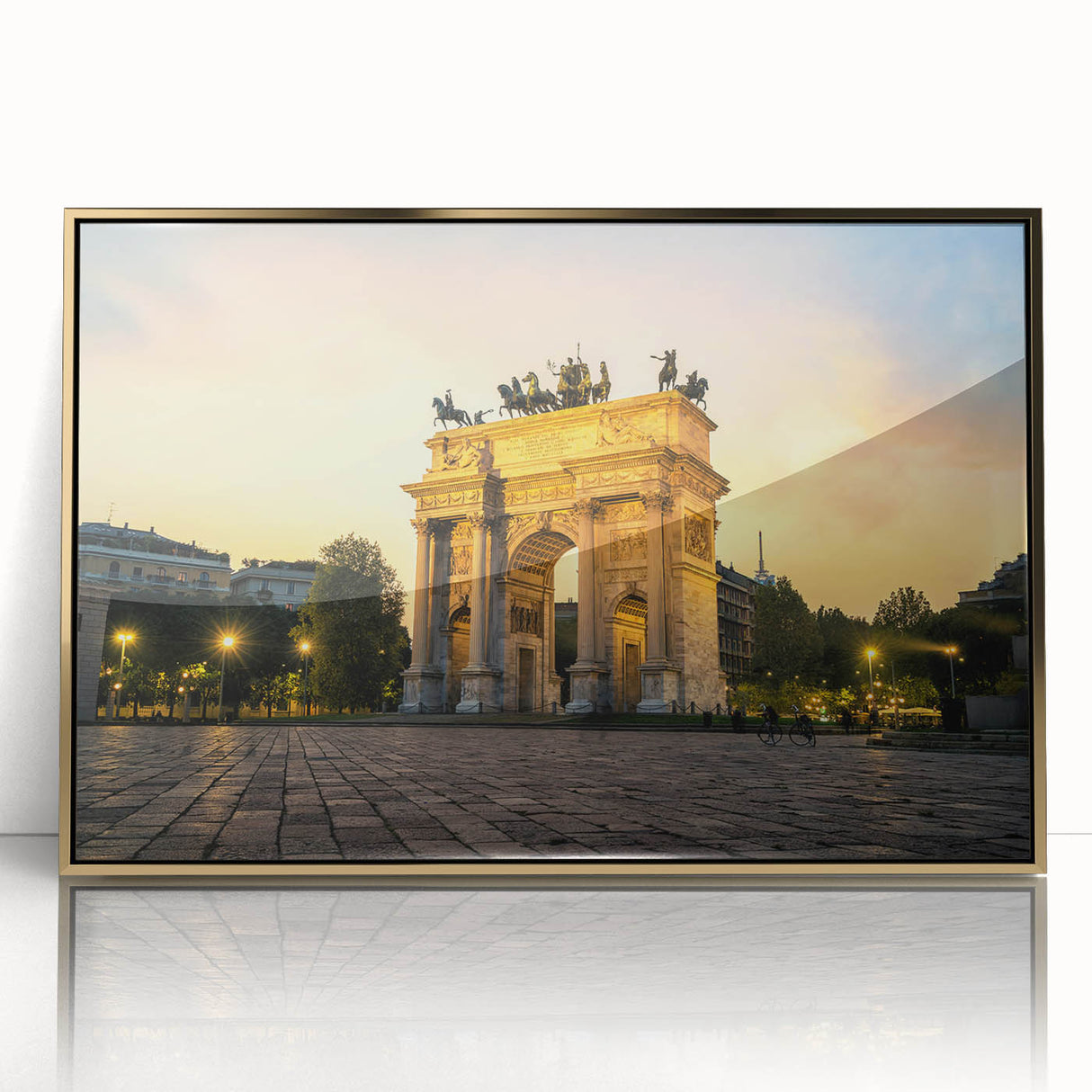 Art deco poster of Milan scenery in gold acrylic frame, featuring neutral and gold tones, suitable for modern art wall decor.