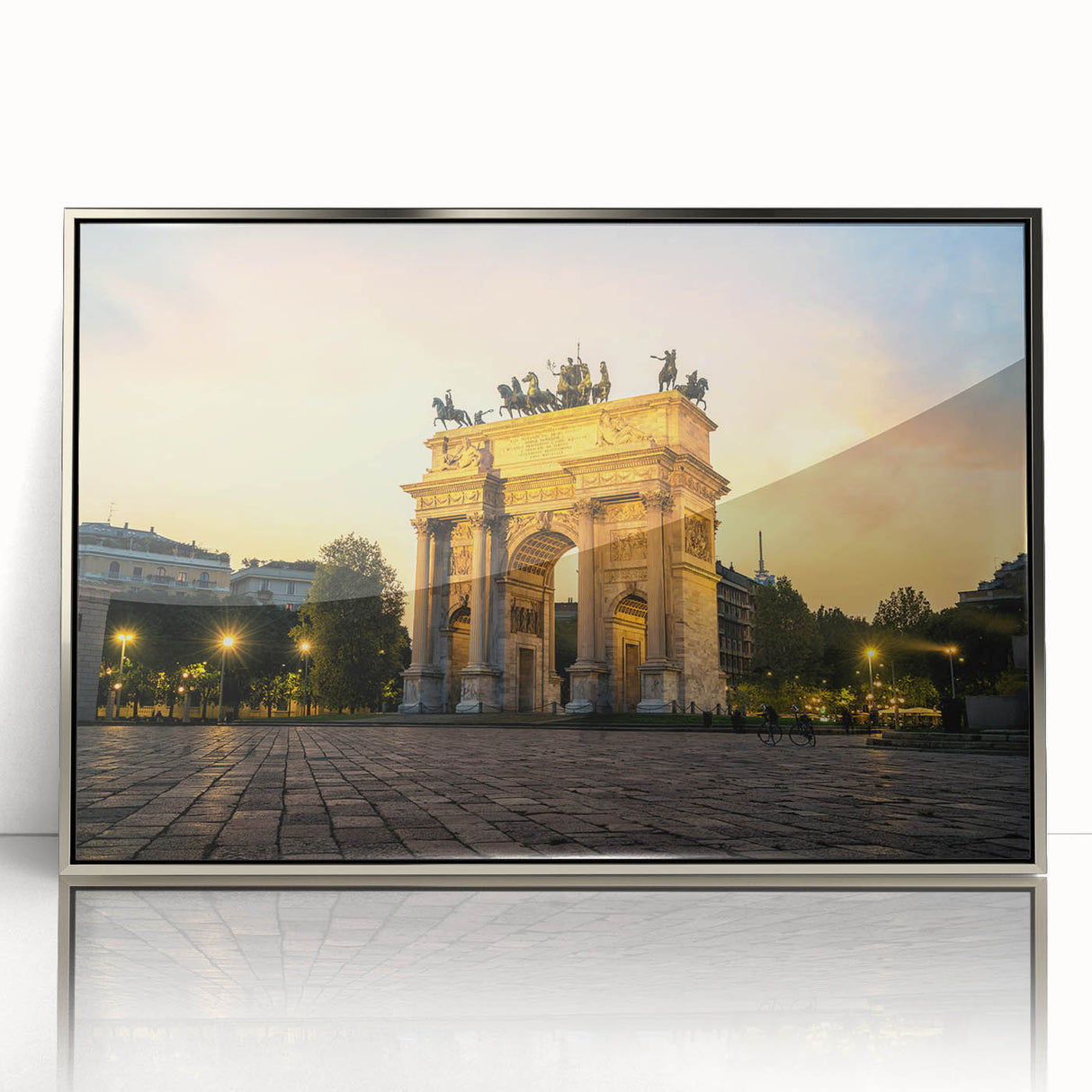 Large art print of Milan scenery in mid-century modernist style, featuring muted earth tones on framed acrylic.