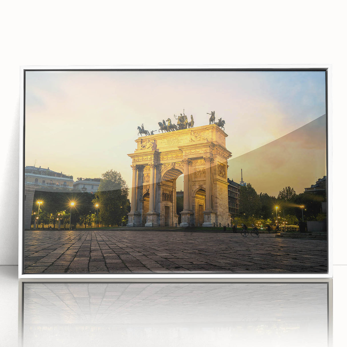Mid-century modernist art depicting Milan scenery in muted tones on white-framed acrylic, ideal for nursery wall art.