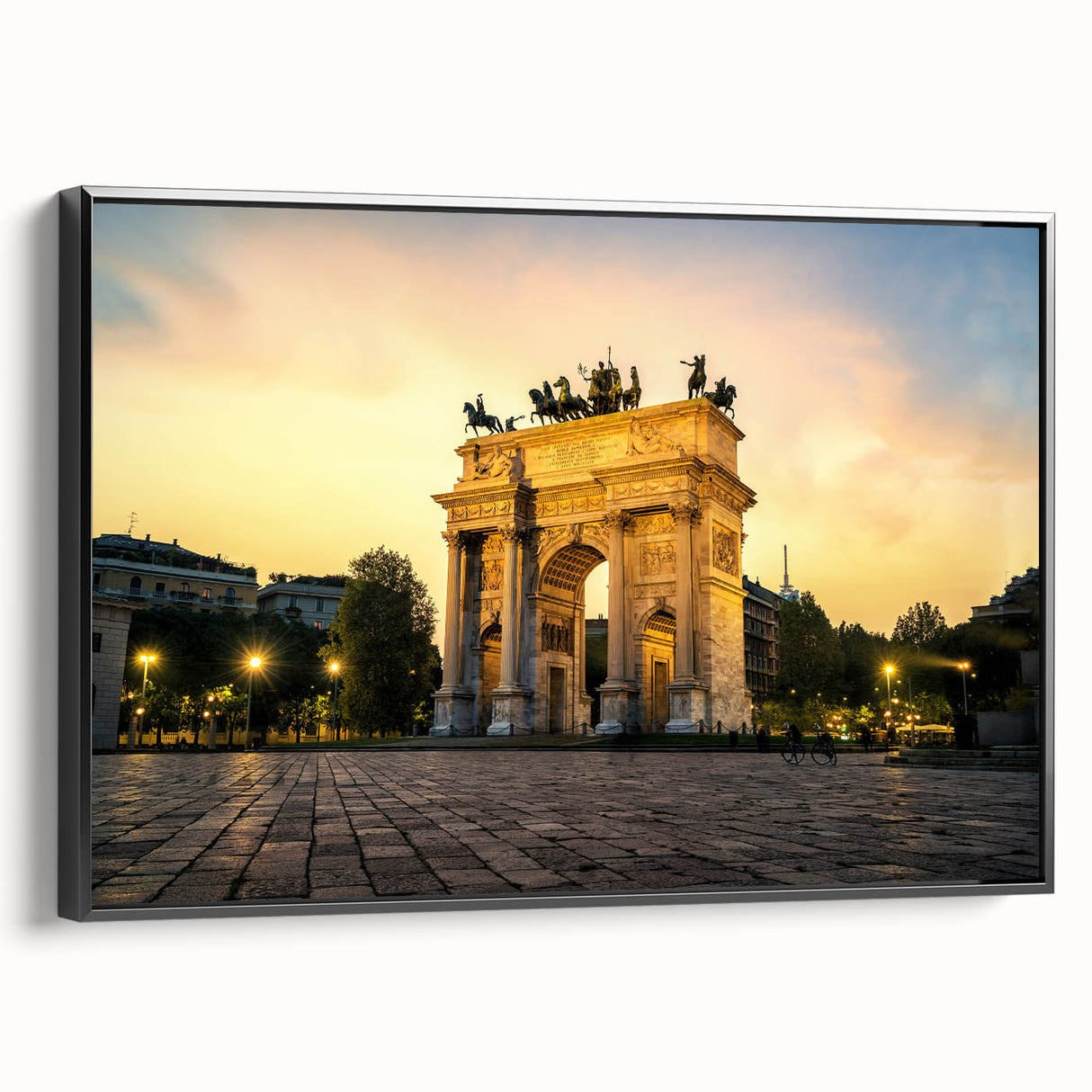 Black and white framed canvas of Milan landscape in vintage poster style, ideal for bedroom decor.