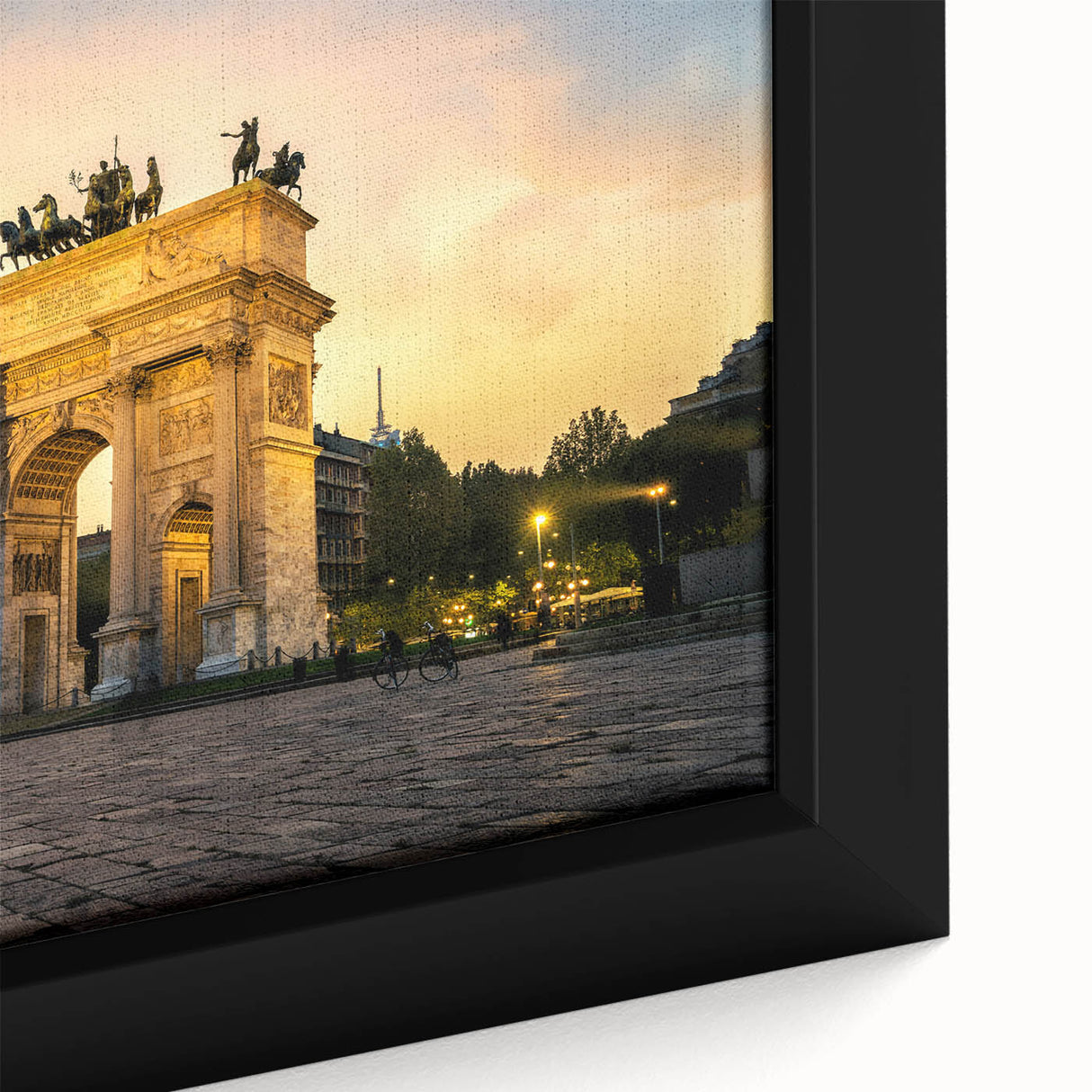 Extra large framed canvas featuring a textured, colorful depiction of Milan scenery in black, ideal for living room decor.
